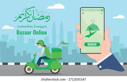 Illustration of bazaar online concept via smartphone during ramadan. Arabic text translation - bless the month of ramadan. Ramadan is the fasting month for muslim. Food delivery services