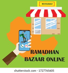 Illustration of bazaar online concept via smartphone during ramadan. . Ramadan is the fasting month for muslim. Food delivery services