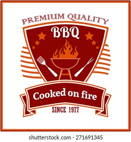 Illustration of BBQ logo label. Badge vintage design. Template for meat store, grill menu, restaurant, cafe.