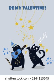 Illustration Be my Valentine, a couple of cats, one cat plays the guitar, ukulele, the second cat dances, stars, hearts, vector, invitation card.