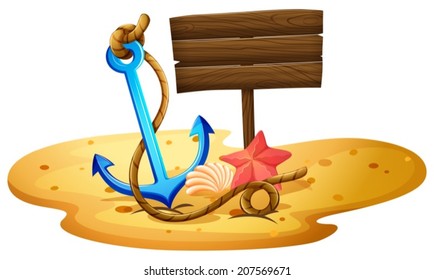 Illustration of a beach with an anchor and empty signboard on a white background
