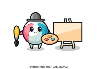 Illustration of beach ball mascot as a painter , cute design
