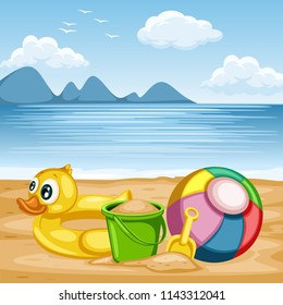 Illustration of a Beach Ball, Rubber Ring Duck, Bucket and Shovel on the Beach, Cartoon Vector Illustration of a Beautiful Sea Shore with Clouds and Mountains