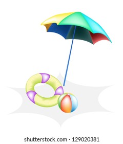 An Illustration of Beach Ball withInflatable Ring or Inner Tube and Colorful Umbrella on The Beach