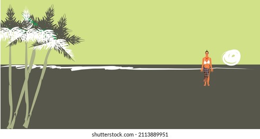 Illustration of a beach and a beautiful girl in the afternoon 

