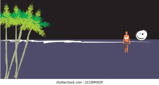 Illustration of beach and beautiful girl at night 1
