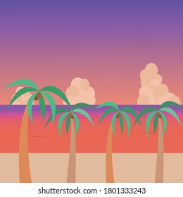 Illustration of a beach with a beautiful sunset