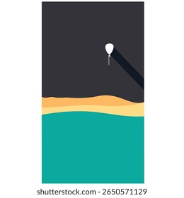 illustration of a beach with blue ocean at the bottom, beige sand in the middle, and a dark sky above. A small white balloon with a long shadow is floating in the sky