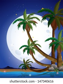 Ilustración de una playa con una luna llena de luz
