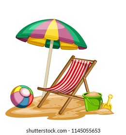 Illustration of a Beach Chair with Ball, Sand Bucket and Shovel Isolated on White Background, Cartoon Vector Illustration