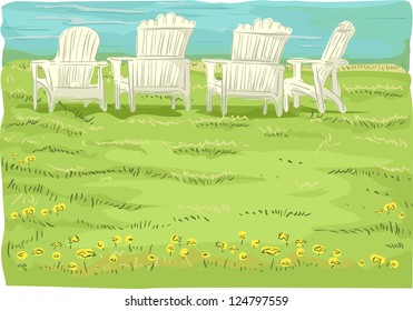 Illustration of Beach Chairs in Grassfield overlooking the sea