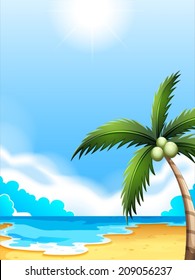 Illustration of a beach with a coconut tree