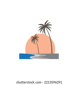 illustration beach and coconut trees design sunset scenery vector