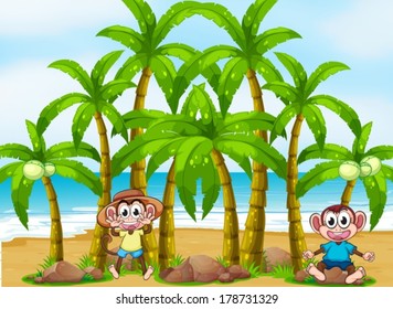 Illustration of a beach with coconut trees and playful monkeys