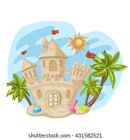 Illustration of a beach with coconut trees and a sand castle