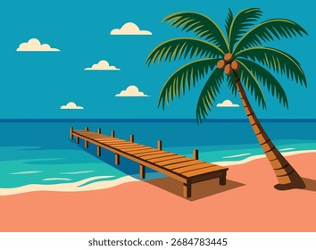 Illustration of a beach with coconut trees and a small pier and white clouds in a bright blue sky.