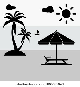 illustration of beach, coconut trees, sun, clouds and umbrellas, in a flat style. vector illustration. beach theme