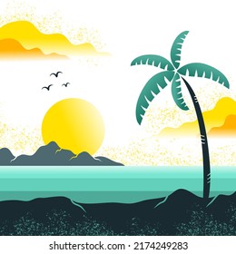 Illustration of a beach during the day with a coconut tree silhouette