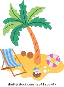 illustration of a beach elements, beach chair, coconut tree, and coconut water