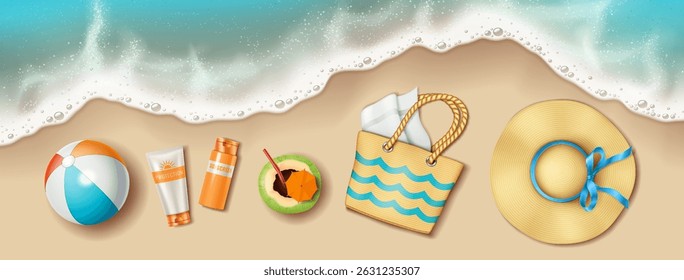 Illustration of beach essentials on sandy shore with waves. Features beach ball, sunscreen, coconut drink, straw hat, and bag in vibrant tropical colors, perfect for summer vacation themes.