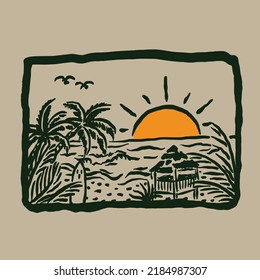 ilustración de la playa en el ocaso de la noche con un estilo de línea única