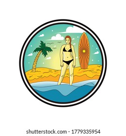 Illustration beach girl on vacation with surf board logo design vetor