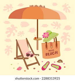 An illustration with beach holiday items: An umbrella, an armchair, slippers, a women's bag and a green hat with a bright carmine flower, a cherry, glasses. Pink, green, beige, crimson. 