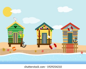 Illustration with beach houses by the sea. Rest on the sea - beach, sea, sand, sun and various attributes for a fun holiday. Vector illustration for decorating brochures, flyers, showcases