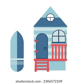 Illustration with beach houses by the sea. Rest on the sea - beach. Vector illustration for decorating brochures, flyers, showcases