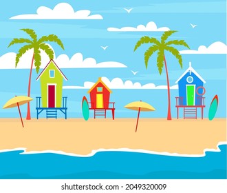 Illustration with beach houses on the seashore. Vacation by the sea - beach, sea, houses, palm trees, sand, sun.