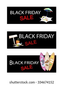 Illustration of Beach Items on Black Friday Shopping Labels for Start Christmas Shopping Season.