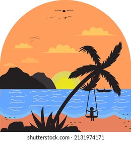 Illustration of beach landscape in the afternoon. Child is playing on a swing.