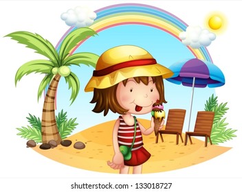 Illustration of a beach with a little girl on a white background