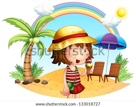 Illustration of a beach with a little girl on a white background
