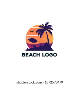 Diseño de logotipo de playa Vector, con solárium, palmeras y playa