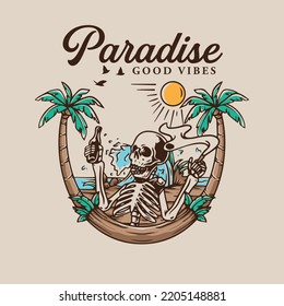 illustration of the beach logo with a smoked and drinking-style human skull.