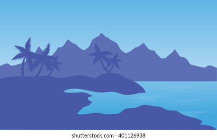 Illustration of beach and mountain with blue background