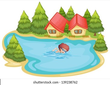 Illustration of a beach near the pine trees with a boy swimming on a white background