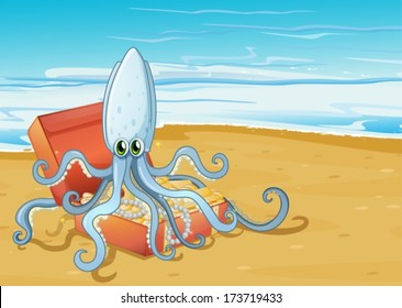 Illustration of a beach with an octopus inside the treasure box