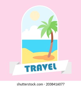 Illustration with a beach, a palm tree and the sea	