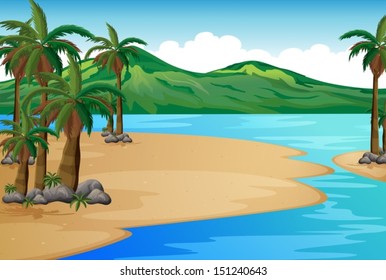 Illustration of a beach with palm trees