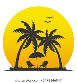 Illustration of a beach with palm trees and sun on a white background