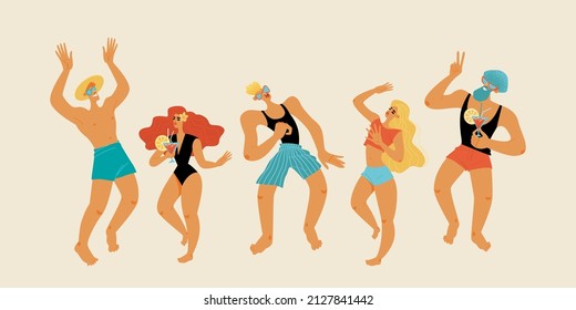 Illustration for beach party banner with young people dancing and drinking cocktails. Image in retro style