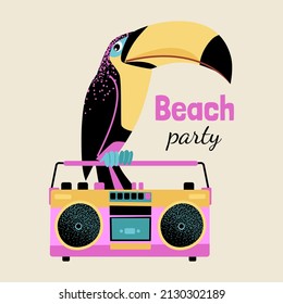 Illustration of a beach party with a cartoon toucan sitting on a tape recorder. Retro image.