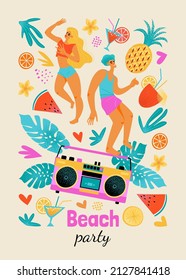 Illustration for a beach party poster with dancing young people in, a tape recorder and tropical plants. Image in retro style