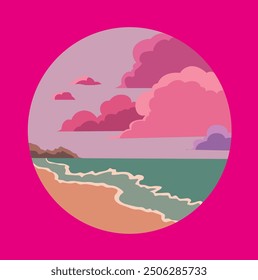 illustration of beach with pink clouds