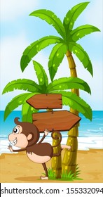 Illustration of a beach with a playful monkey near the wooden arrowboards