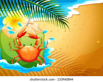 Illustration of a beach with a refreshing coconut drink and a crab