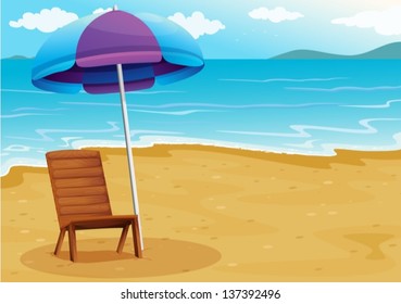 Illustration of a beach with a relaxing wooden chair under an umbrella