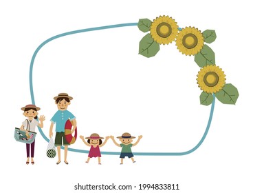 An illustration of beach resort.
frame design for summer. A person in summer clothes. 
A summer design material collection.
